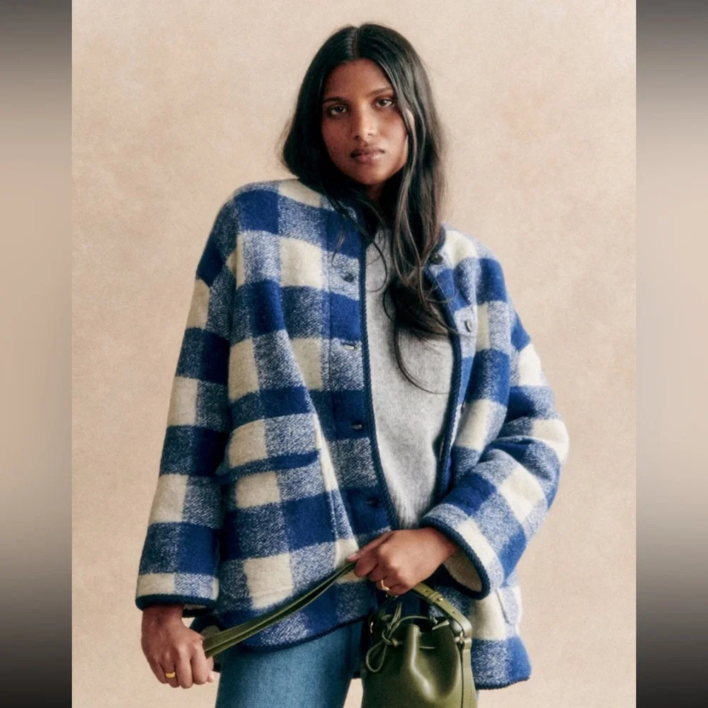 Sezane Farel Jacket Ecru Blue Check - Size 4 - Picture 4 of 4